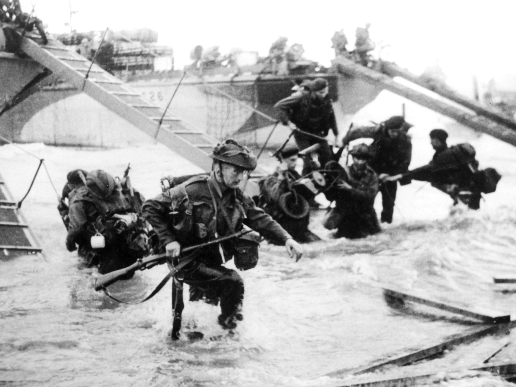 Troops from the 48th Royal Marines on Juno Beach, Normandy, during the D-Day landings on 6 June 1944