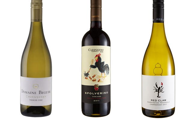 2012 Domain Bégude Chardonnay, Haute Vallée de l'Aude; 2011 Spolverino Carpineto; 2011 Red Claw Mornington Peninsula Chardonnay