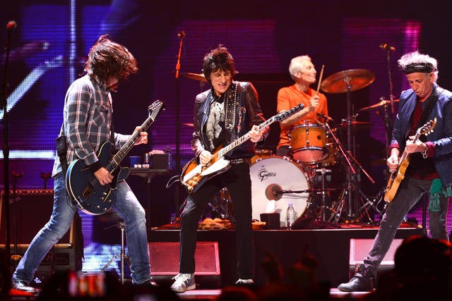 Musicians Dave Grohl, Ronnie Wood, Charlie Watts and Keith Richards perform at the 'Rolling Stones 50 & Counting Tour' at The Honda Center on May 15, 2013 in Anaheim, California.
