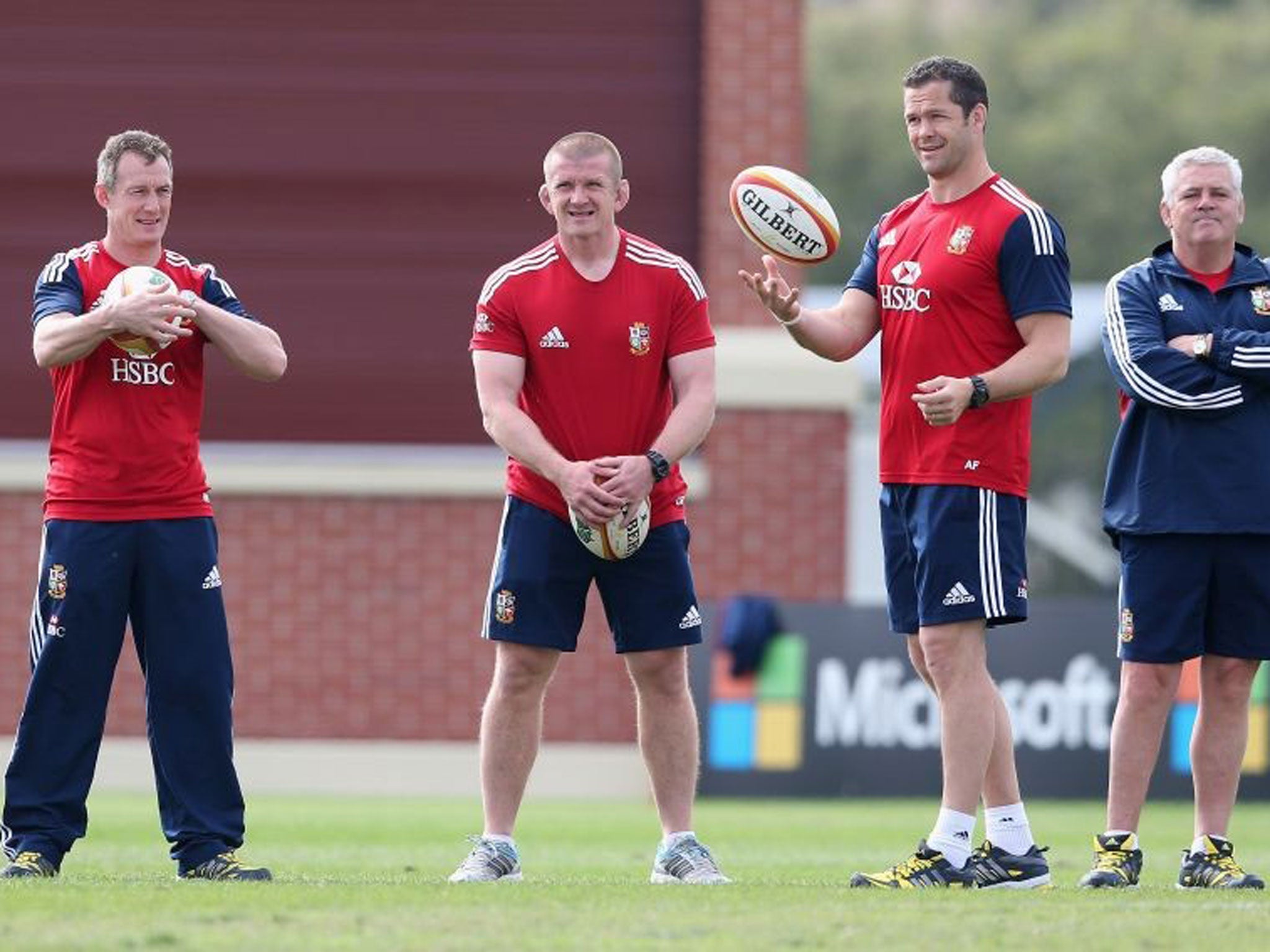 Rob Howley, backs coach, Graham Rowntree, forwards coach, Andy Farrell, defence coach and head coach Warren Gatland look on during the British and Irish Lions captain's run in Australia (Getty Images)