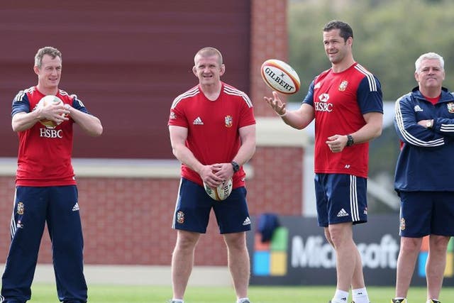 Rob Howley, backs coach, Graham Rowntree, forwards coach, Andy Farrell, defence coach and head coach Warren Gatland look on during the British and Irish Lions captain's run in Australia (Getty Images)