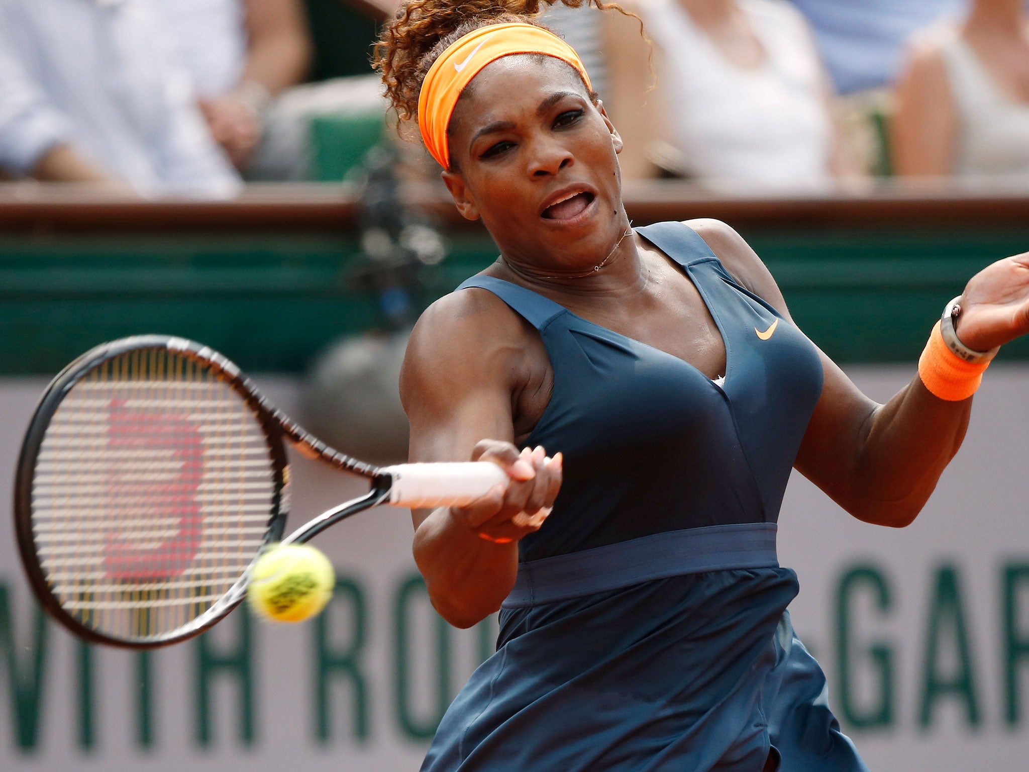 USA's Serena Williams returns to Russia's Maria Sharapova during their French tennis Open final