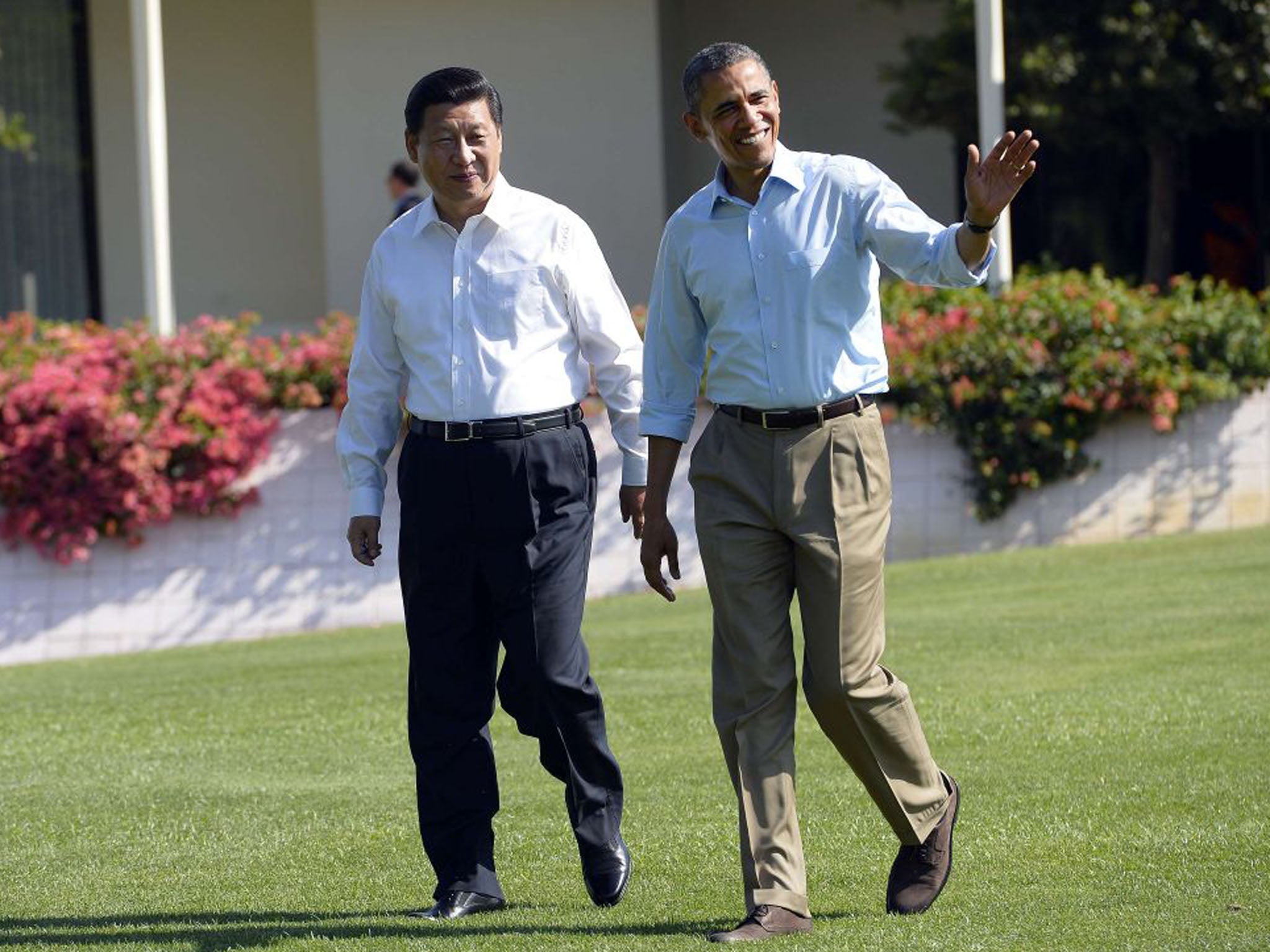 8 June 2013: US President Barack Obama, right, and Chinese President Xi Jinping at the Annenberg Retreat at Sunnylands in Rancho Mirage, California where they were finishing their summit