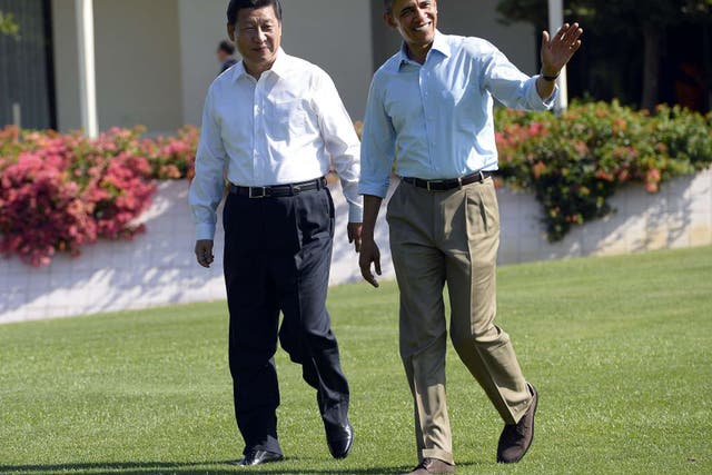 8 June 2013: US President Barack Obama, right, and Chinese President Xi Jinping at the Annenberg Retreat at Sunnylands in Rancho Mirage, California where they were finishing their summit 