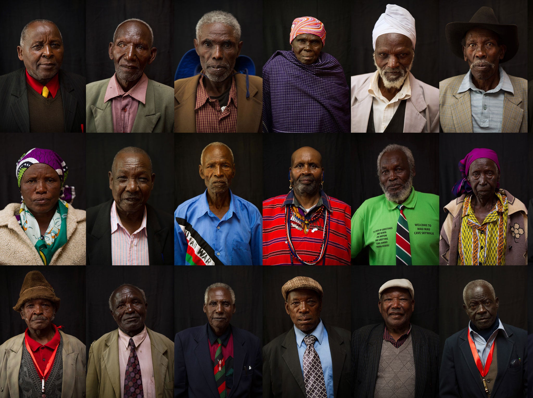 A composite image shows 24 Mau Mau veterans who posed individually for portraits at the Hilton Hotel in Nairobi, Kenya, during a press conference by the British High Commission, the law firm Leigh Day, and the Mau Mau War Veterans' Association on June 6, 2013.