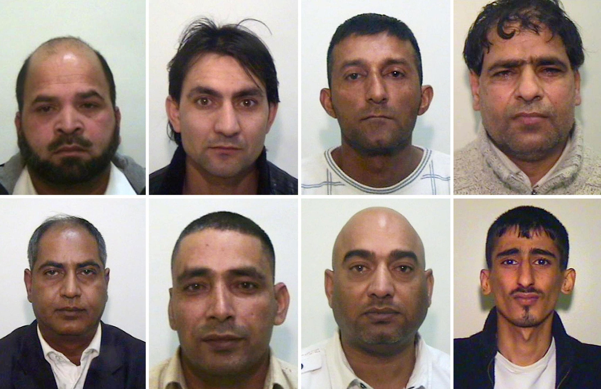 Pictured from the top, left to right, are Abdul Rauf, Hamid Safi, Mohammed Sajid, Abdul Aziz, Abdul Qayyum, Adil Khan, Mohammed Amin and Kabeer Hassan, who were jailed last year for sexually exploiting young girls in Rochdale. The gang plied the girls wit