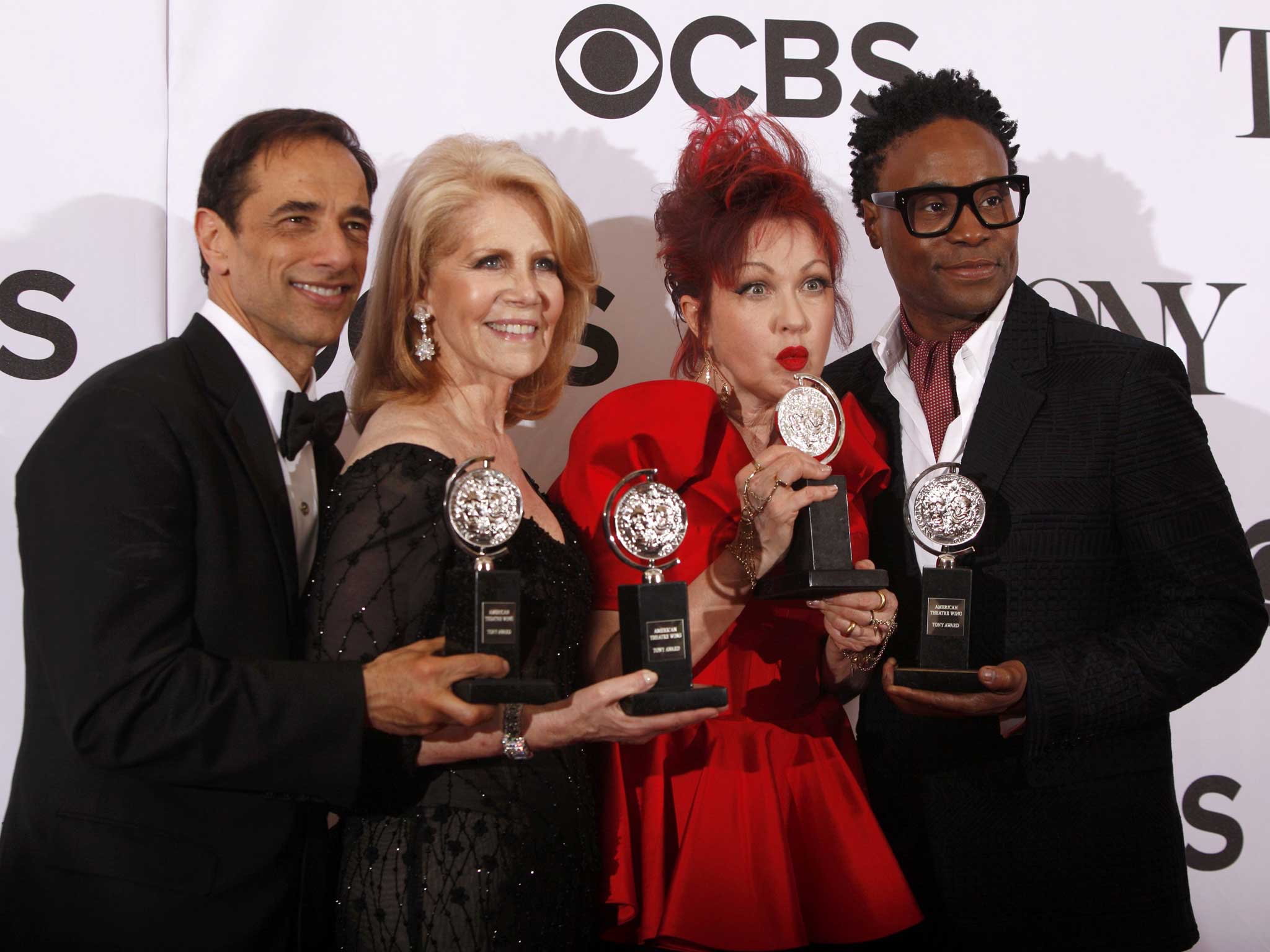 Producers Hal Luftig (L) and Daryl Roth join Cyndi Lauper and Billy Porter as they pose with their awards for Kinky Boots