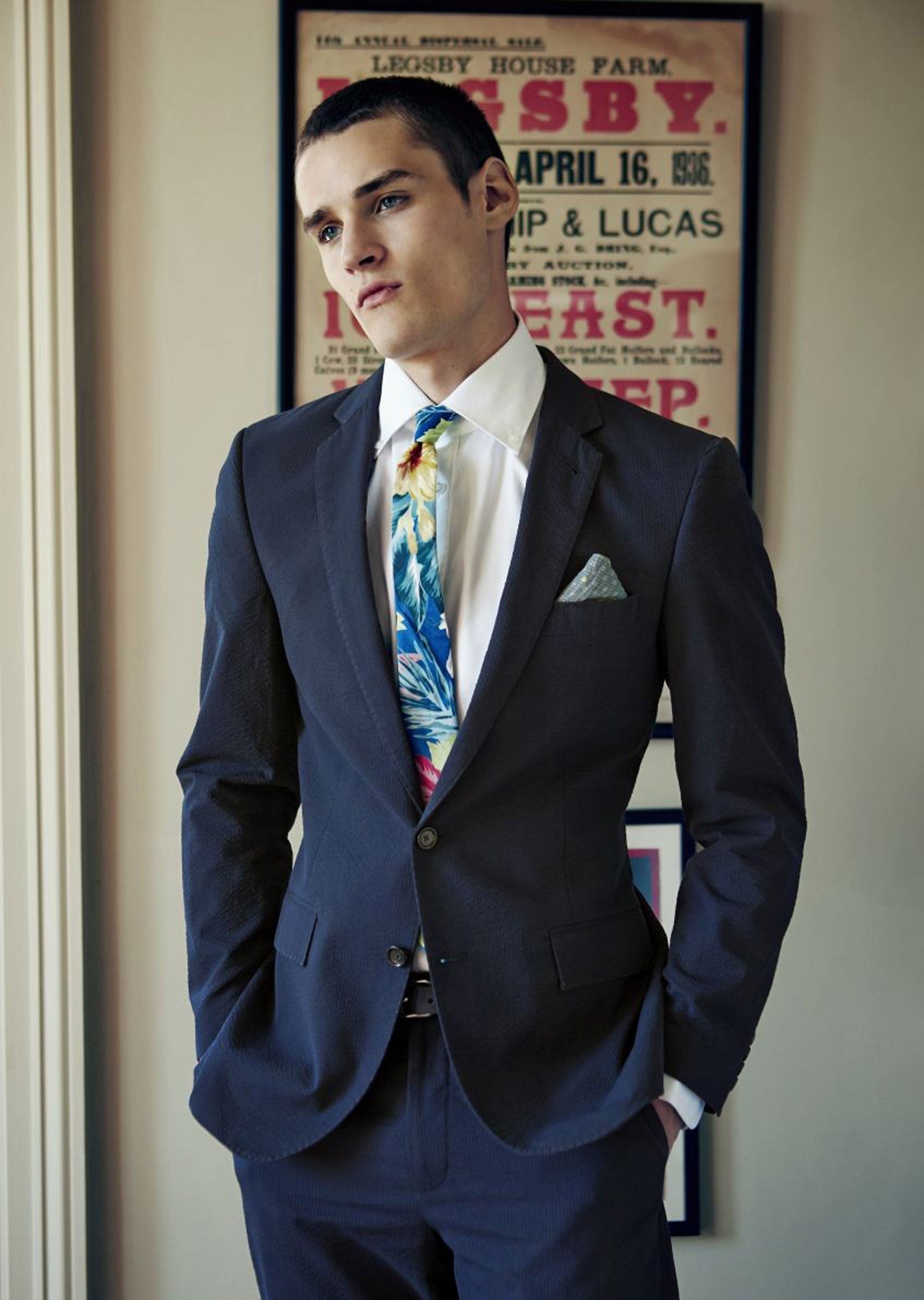 Jacket £282.64, trousers £144.77, both by J Crew, jcrew.com; shirt £29.99, Zara.com; tie £50, Hentch Man, hentchman.com; pocket square £10, Topman.com