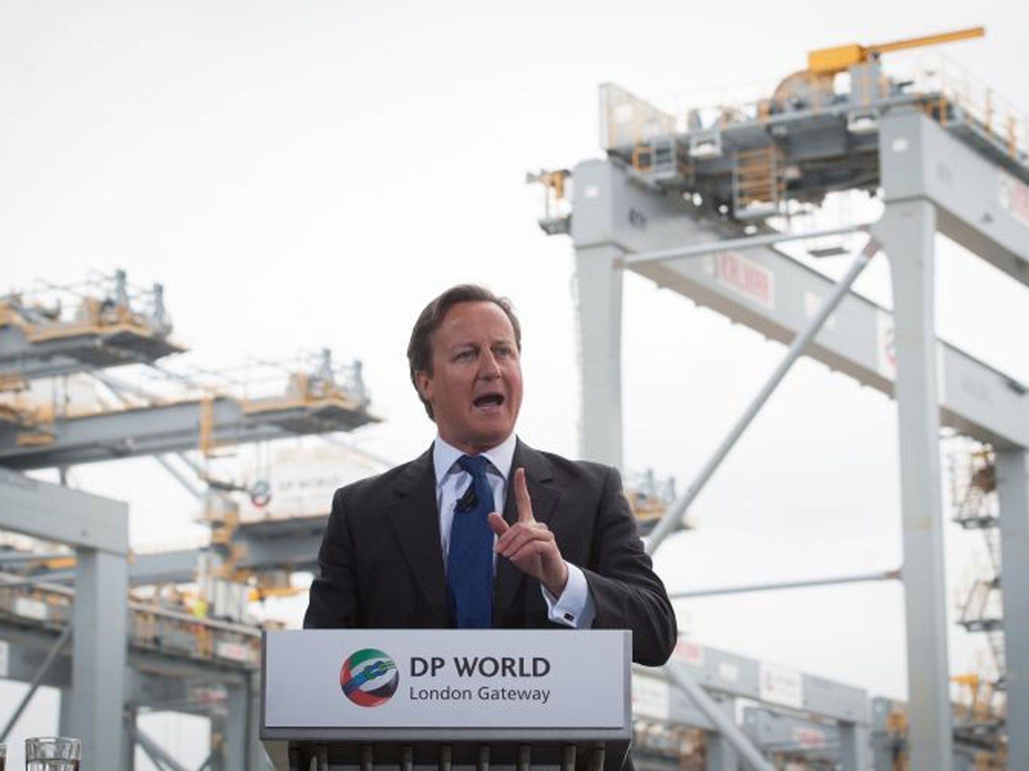 Prime Minister David Cameron delivers a speech to workers at the new London Gateway container port which is under construction on the River Thames near Tilbury in Essex