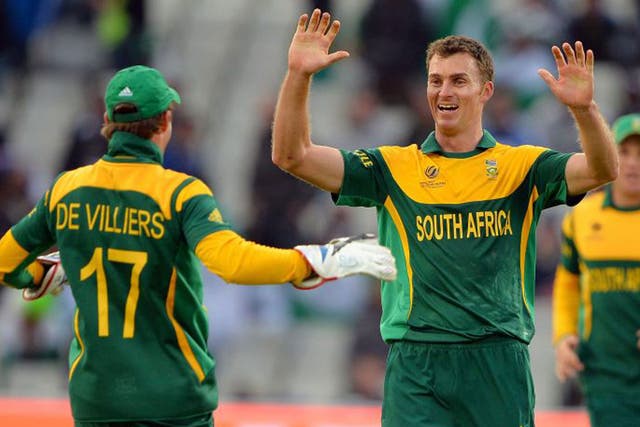 South African bowler Ryan McLaren celebrates wrapping up Pakistan’s innings with the wicket of Junaid Khan