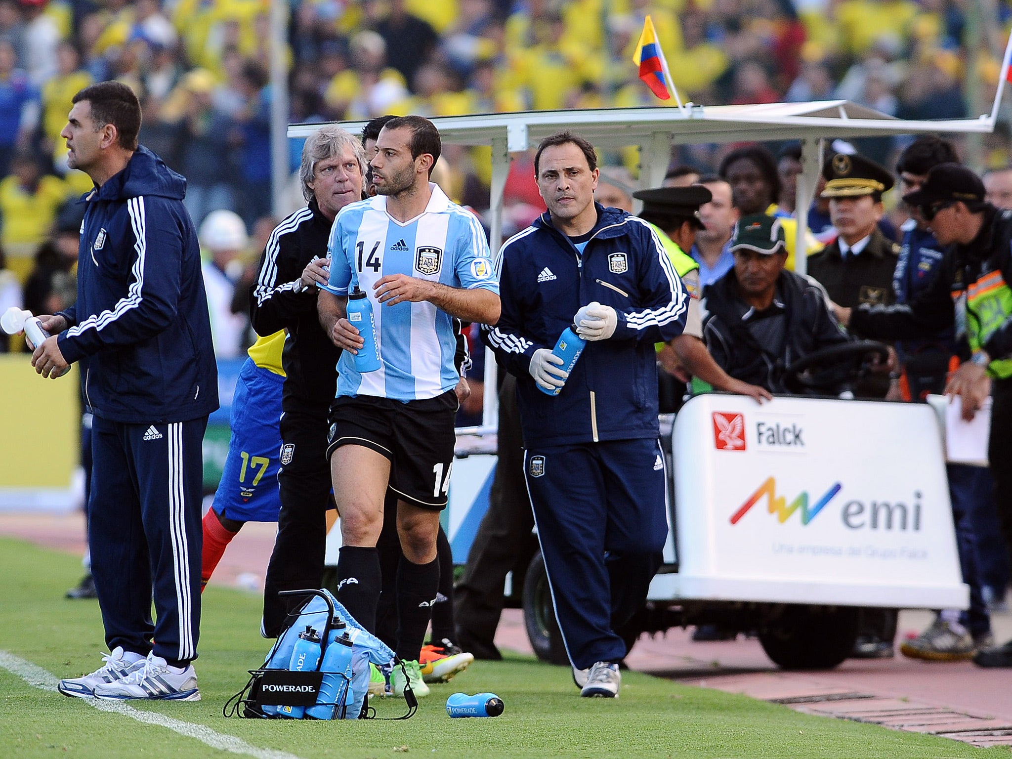 Javier Mascherano tries to return to the field of play after the incident