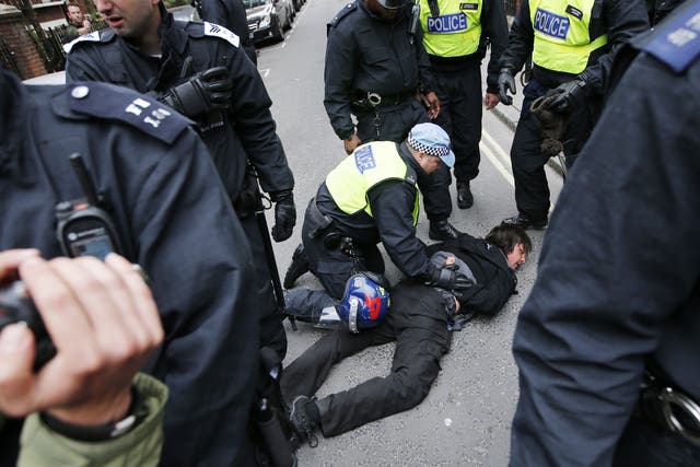 Police detain an anti-capitalist protester in London on 11 June 2013