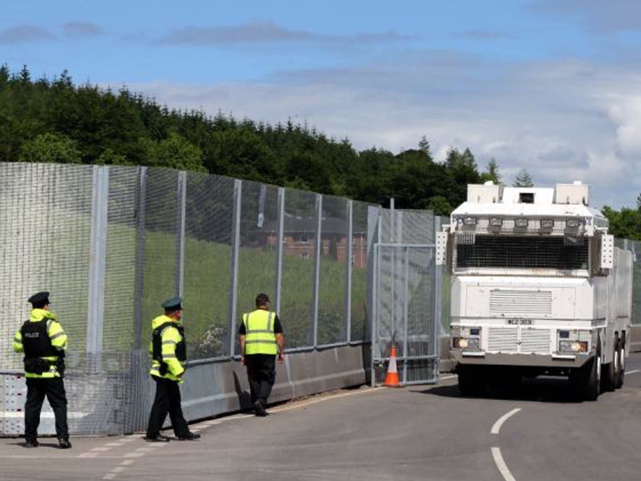 A Water cannon at the main checkpoint and security fence near Lough Erne Hotel resort in Co Fermanagh