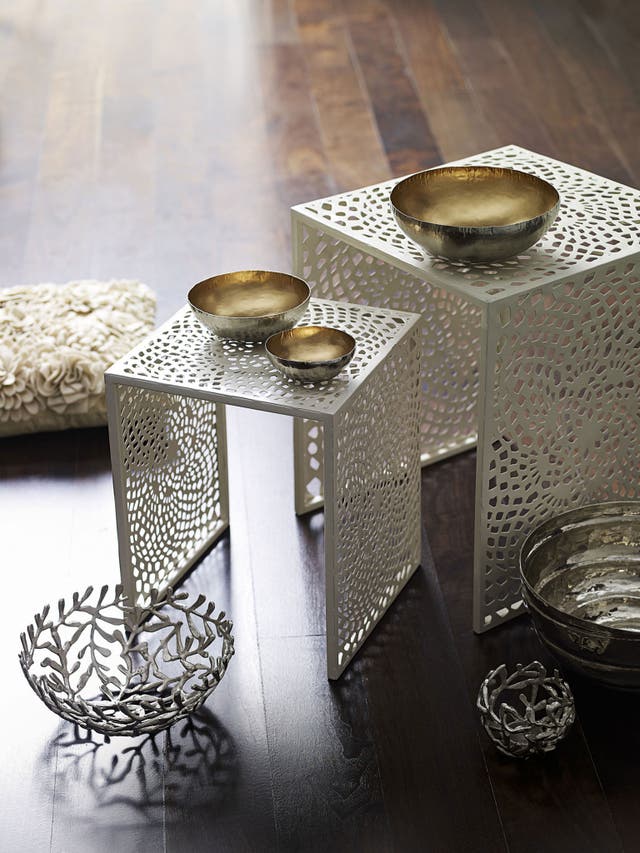 Mix textural ceramics, metallics, cut metal pieces and lace cushions to create a neutral scheme that’s full of visual interest. John Rocha bowls from £8-£25, debenhams.com