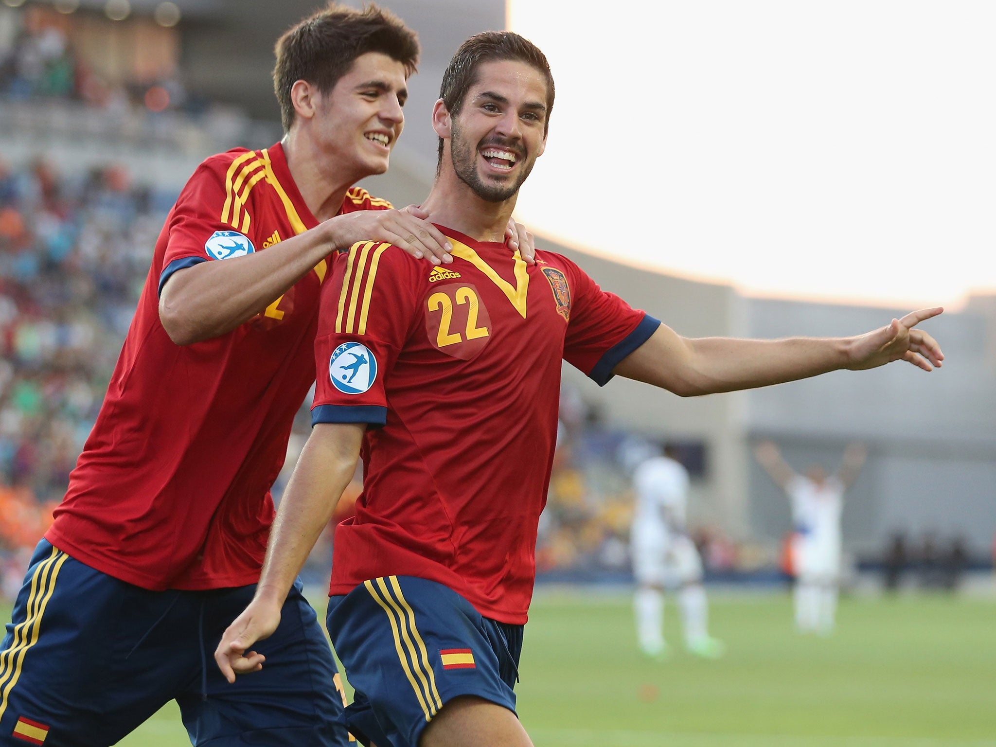 Isco (r) celebrates his goal with in Spain's Under-21's victory over Holland
