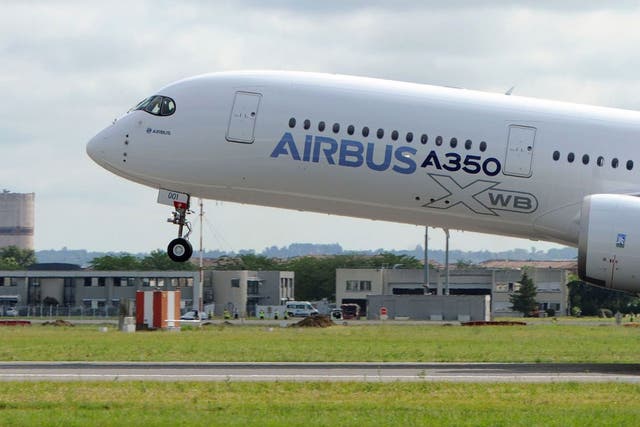 The Airbus A350 takes off on its maiden flight from Toulouse-Blagnac airport