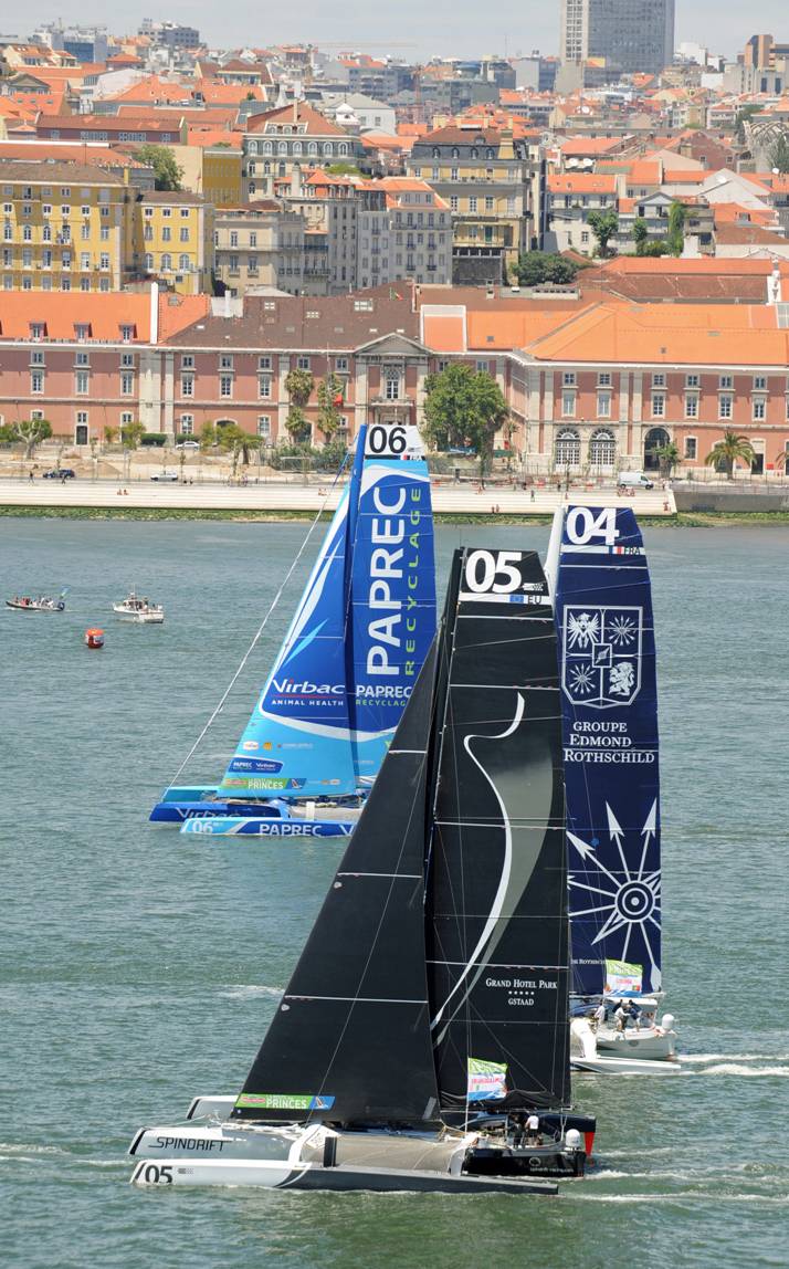 Yann Guichard’s MOD70 Spindrift leads the charge out of Lisbon on the second leg of the Route des Princes to Dublin.