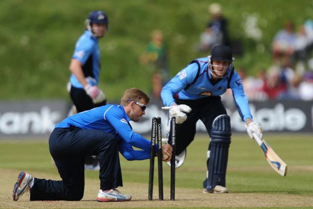 Will Beer, of Sussex, runs out Northamptonshire’s Rob Keogh 