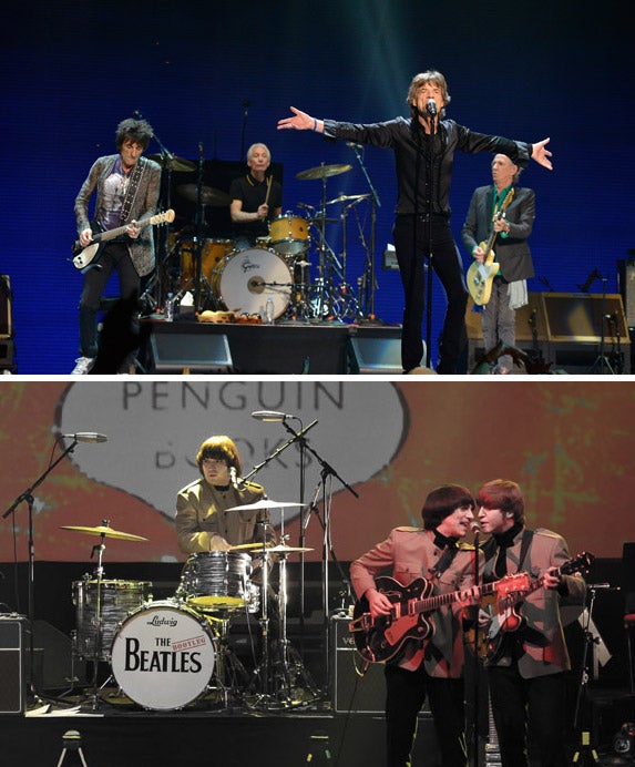 The Rolling Stones (top) will go head-to-head with The Beatles Bootleg (bottom) at Glastonbury