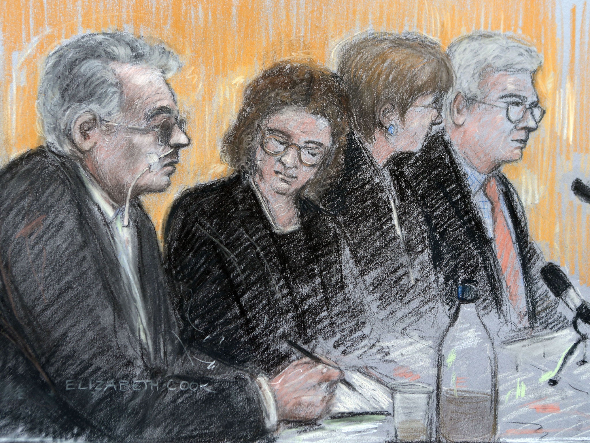 Court artist sketch by Elizabeth Cook of Moors Murderer Ian Brady (left) appearing via video at his mental health tribunal at Manchester Civil Justice Centre