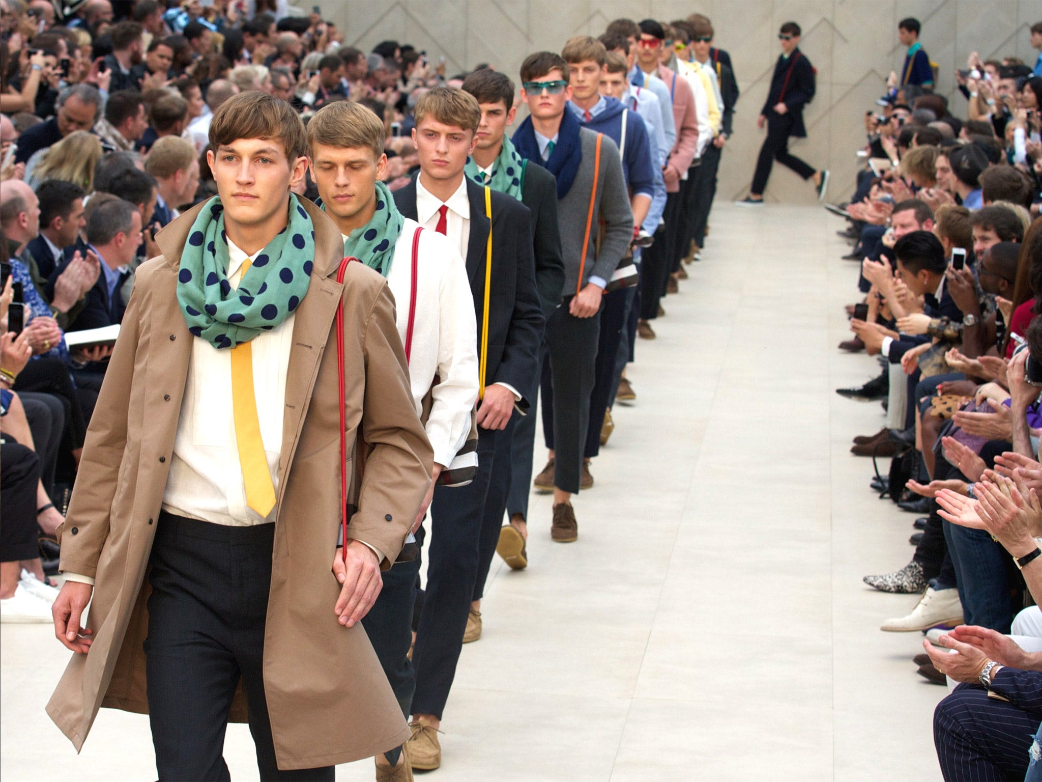 Models present creations by Burberry Prorsum during the Spring/Summer 2014 London Collections: Men fashion event in Kensington