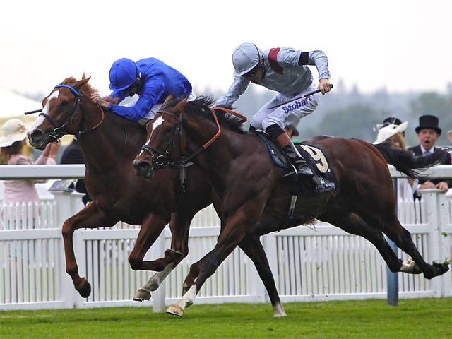 Dawn Approach (blue) digs deep to repel Toronado in the St James’s Palace Stakes at Ascot yesterday