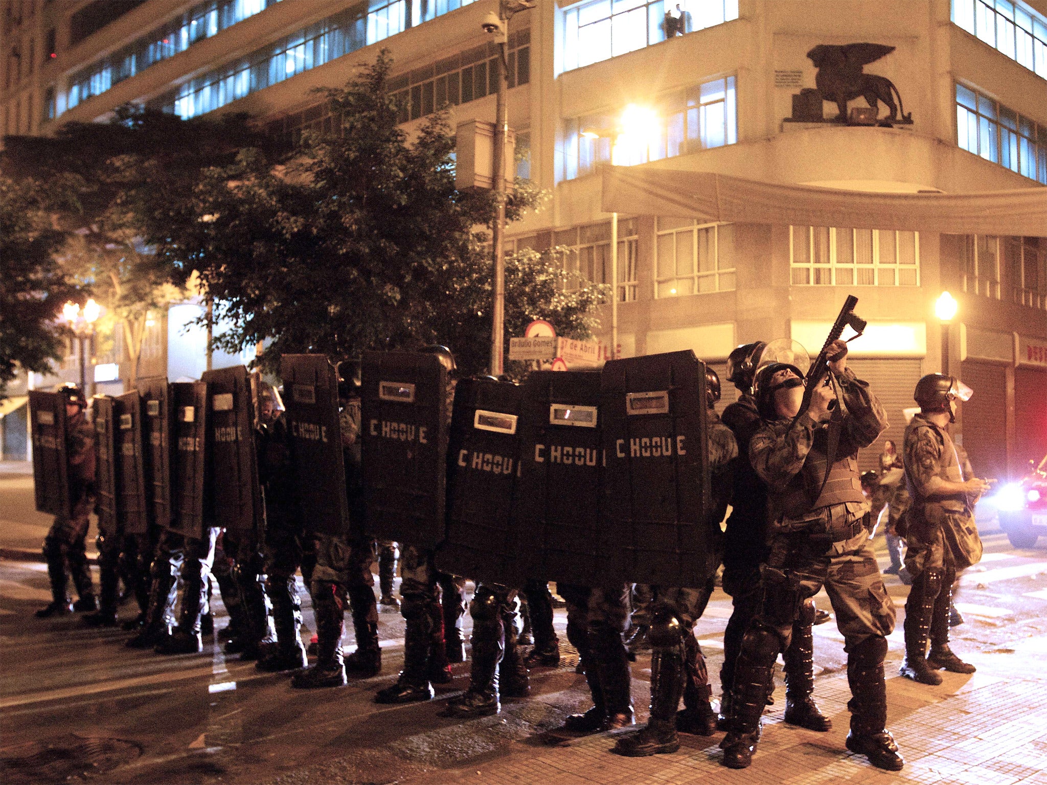 Riot police take position in Sao Paulo