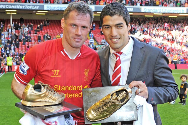 Jamie Carragher with Luis Suarez at the end of last season