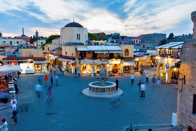 Sunset strip: Hippocrates Square in the Old Town of Rhodes