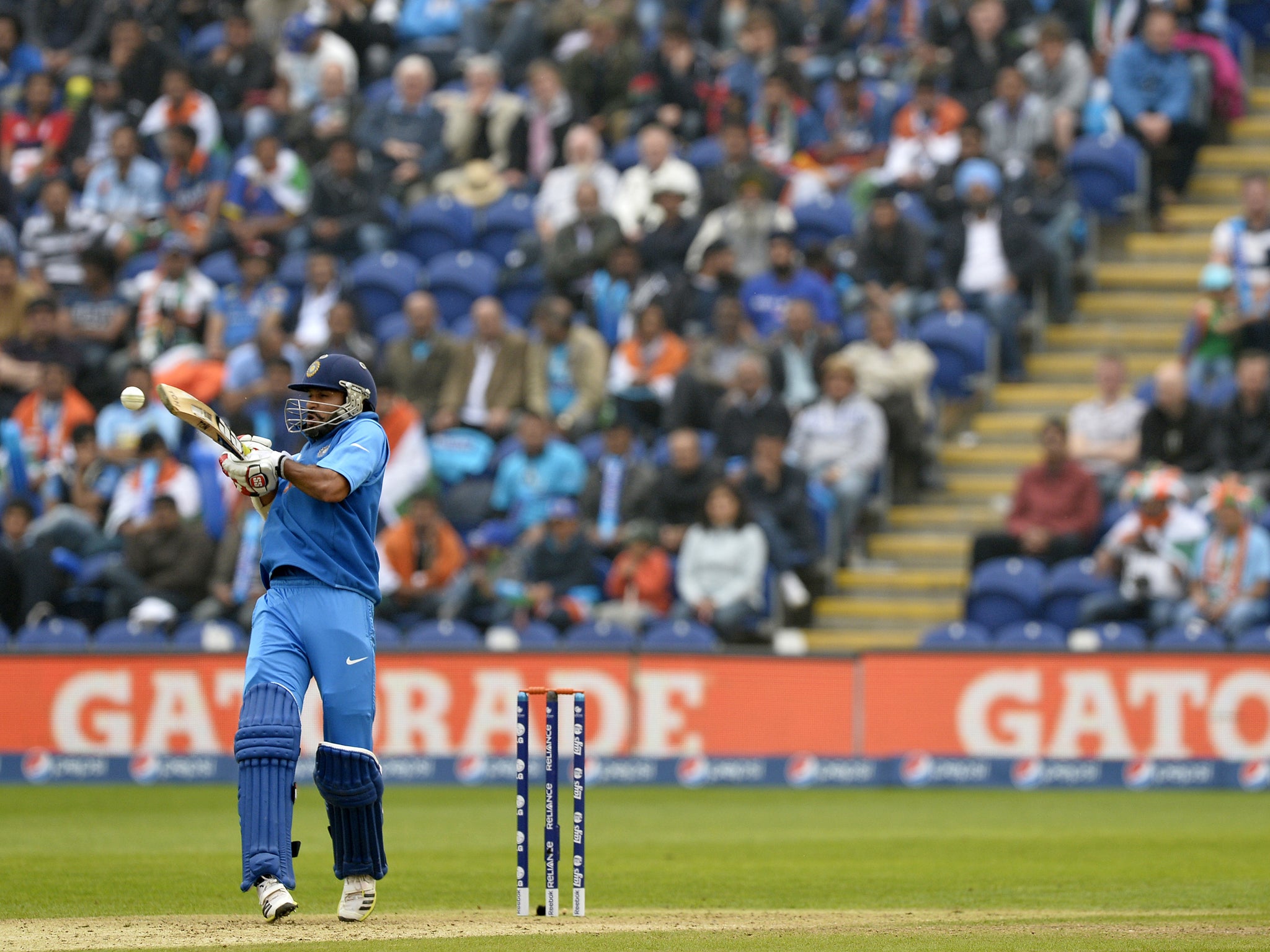 India's Shikhar Dhawan batting during the 2013 ICC Champions Trophy semi-final cricket match between India and Sri Lanka at the Cardiff Wales Stadium in Cardiff