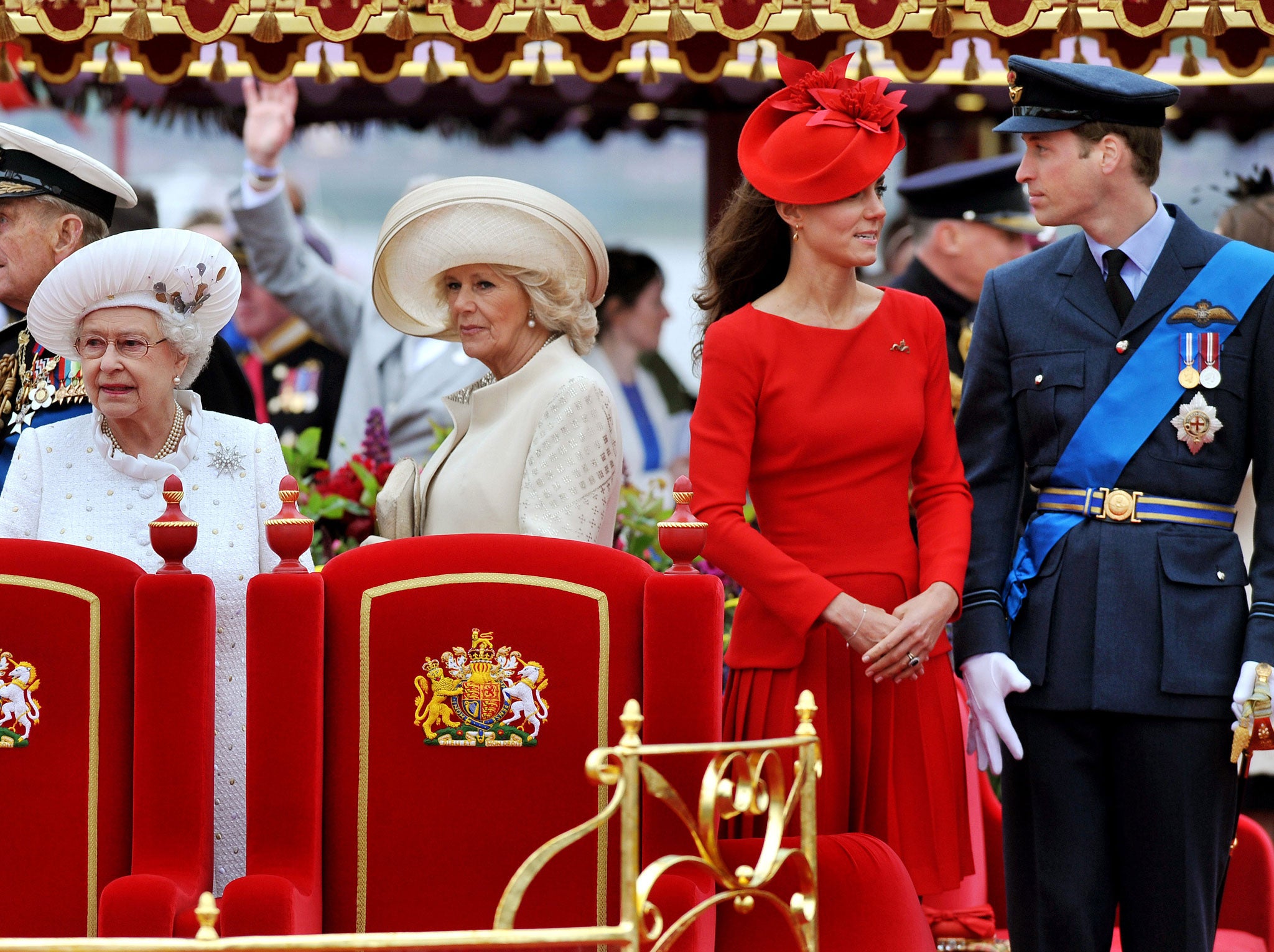 Prince Philip, The Duke of Edinburgh, Queen Elizabeth II, Camilla, Duchess of Cornwall, Catherine, Duchess of Cambridge and Prince William, Duke of Cambridge onboard the Spirit of Chartwell during the Diamond Jubilee Pageant on the River Thames during the Diamond Jubilee Thames River Pageant on June 3, 2012 in London, England.