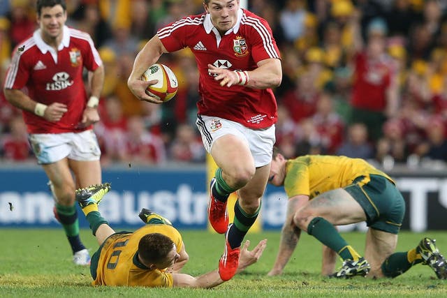 George North bursts through the Australian defence to score for the British and Irish Lions