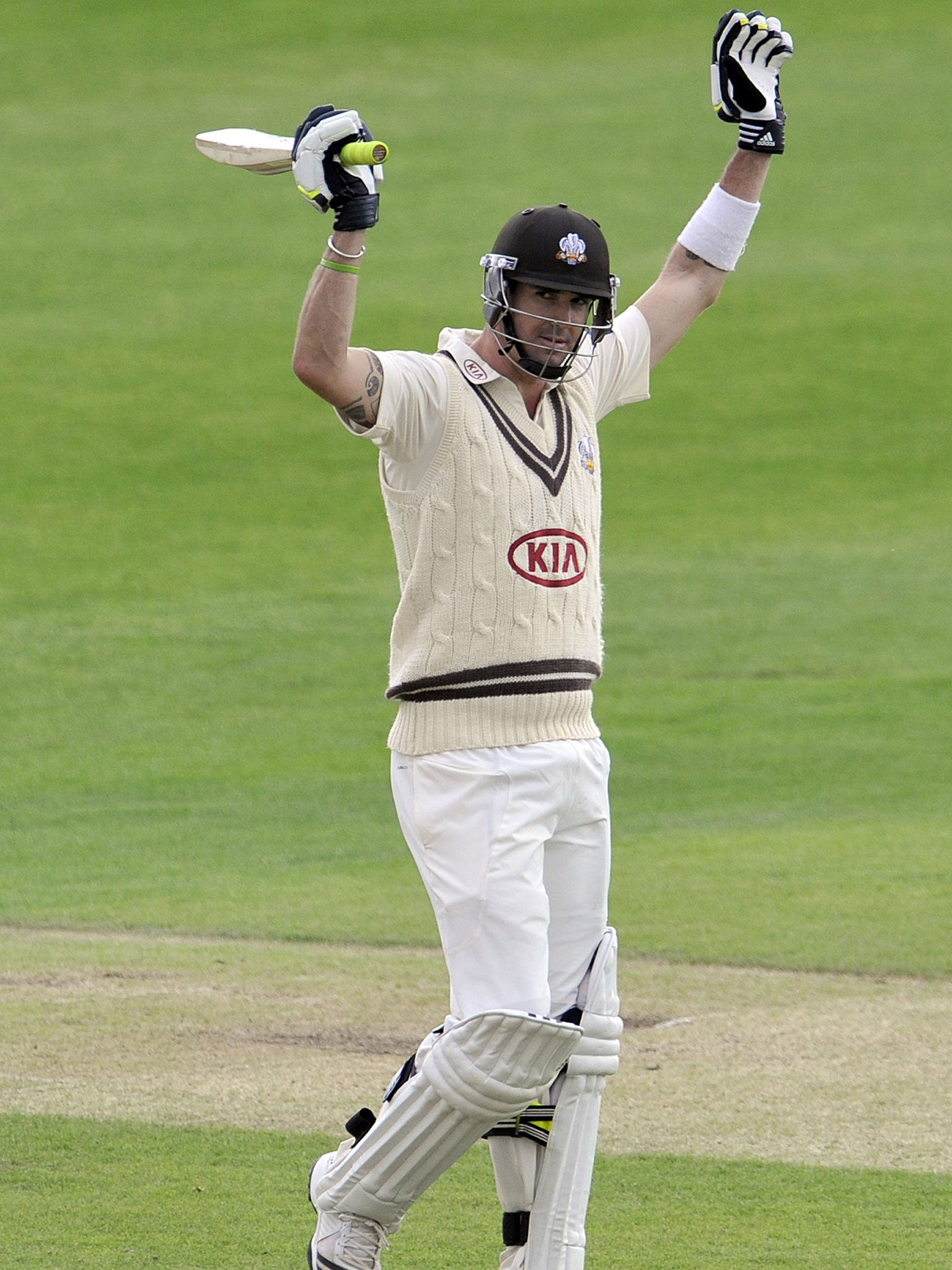 Kevin Pietersen celebrates his 177 not out against Yorkshire