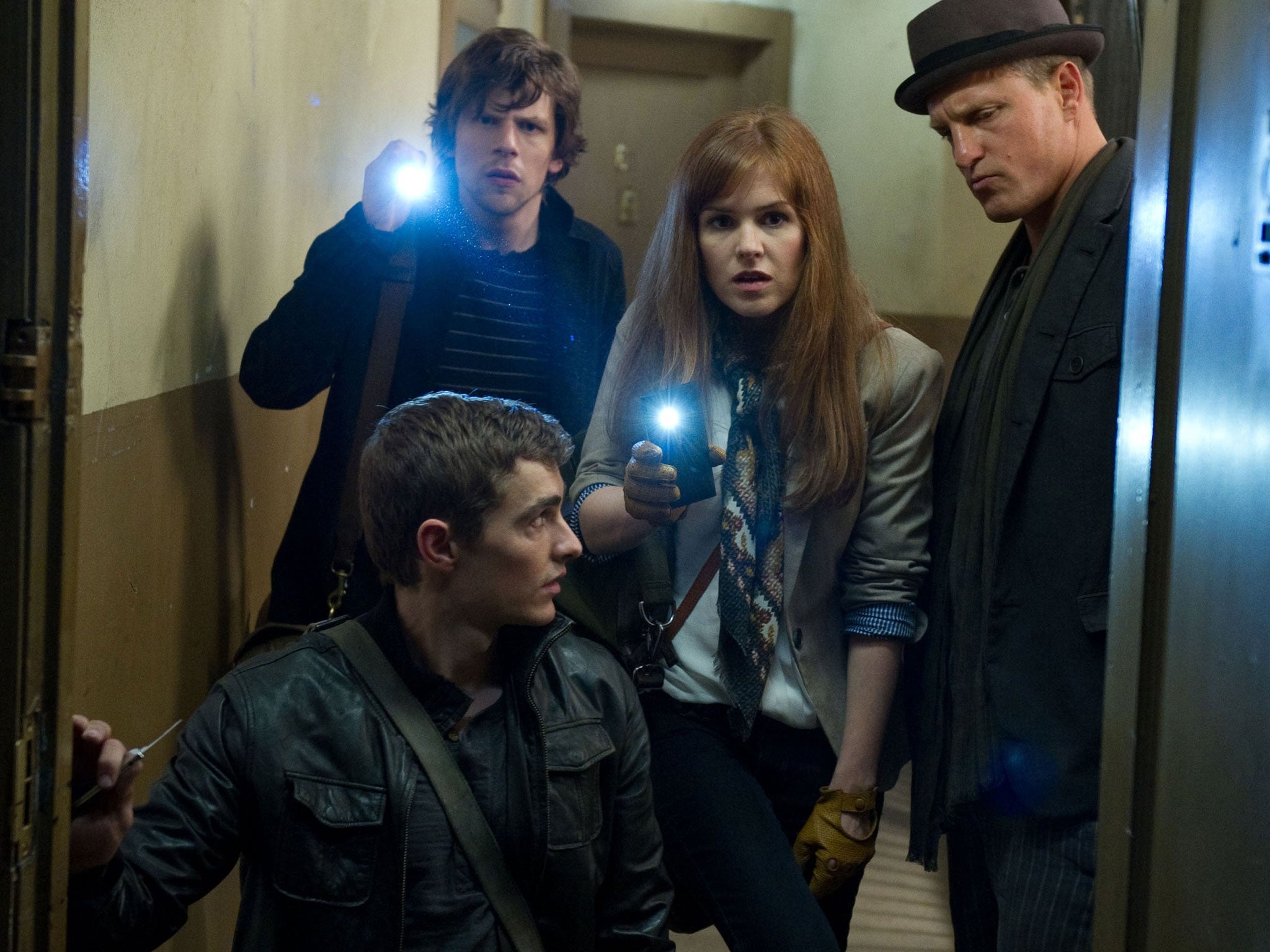 Dave Franco, Jesse Eisenberg, Isla Fisher and Woody Harrelson in a scene from 'Now You See Me'