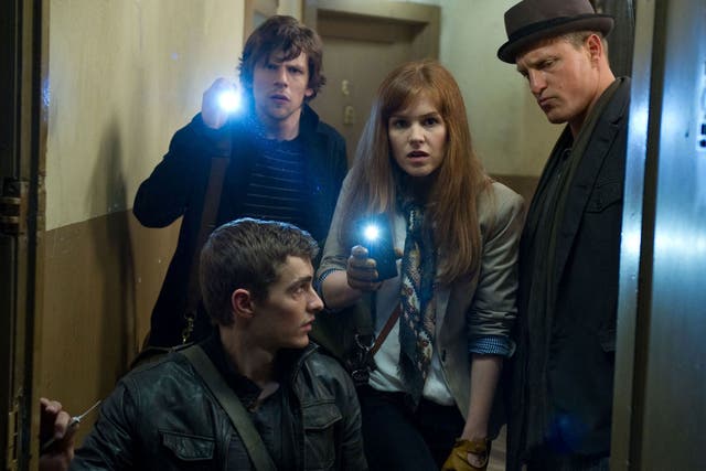 Dave Franco, Jesse Eisenberg, Isla Fisher and Woody Harrelson in a scene from 'Now You See Me' 