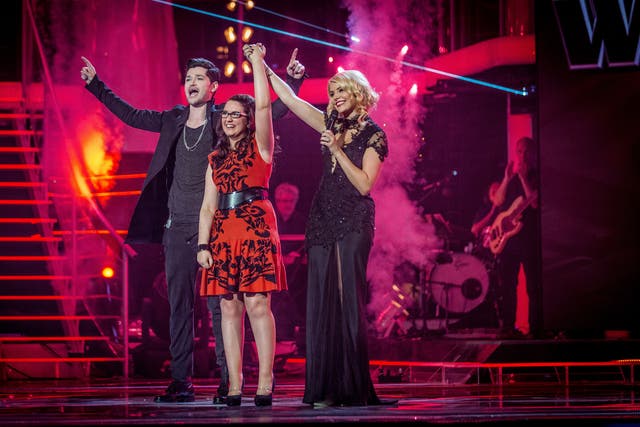 Danny O'Donoghue and Holly Willoughby congratulate The Voice 2013 winner Andrea Begley