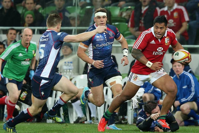 Manu Tuilagi of the Lions breaks with the ball during the match between the Melbourne Rebels and the British & Irish Lions