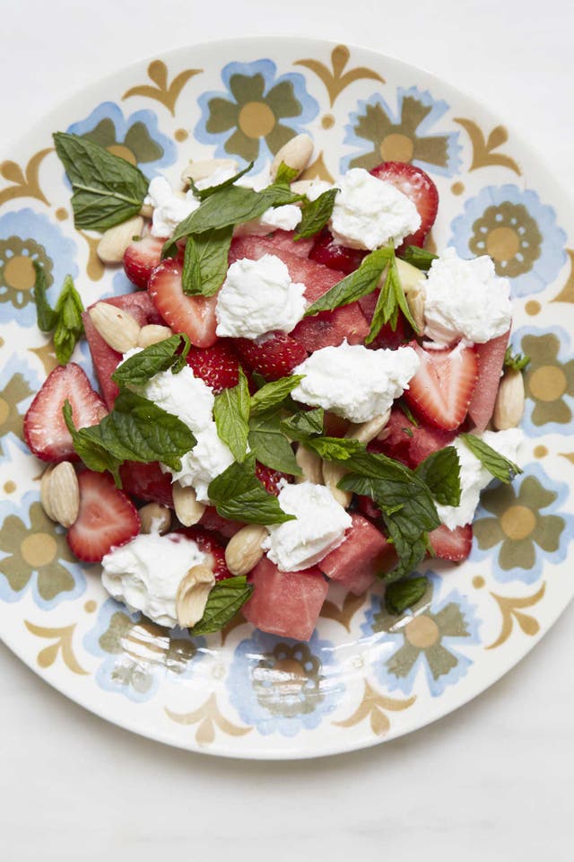 Watermelon, strawberry, labneh and mint salad