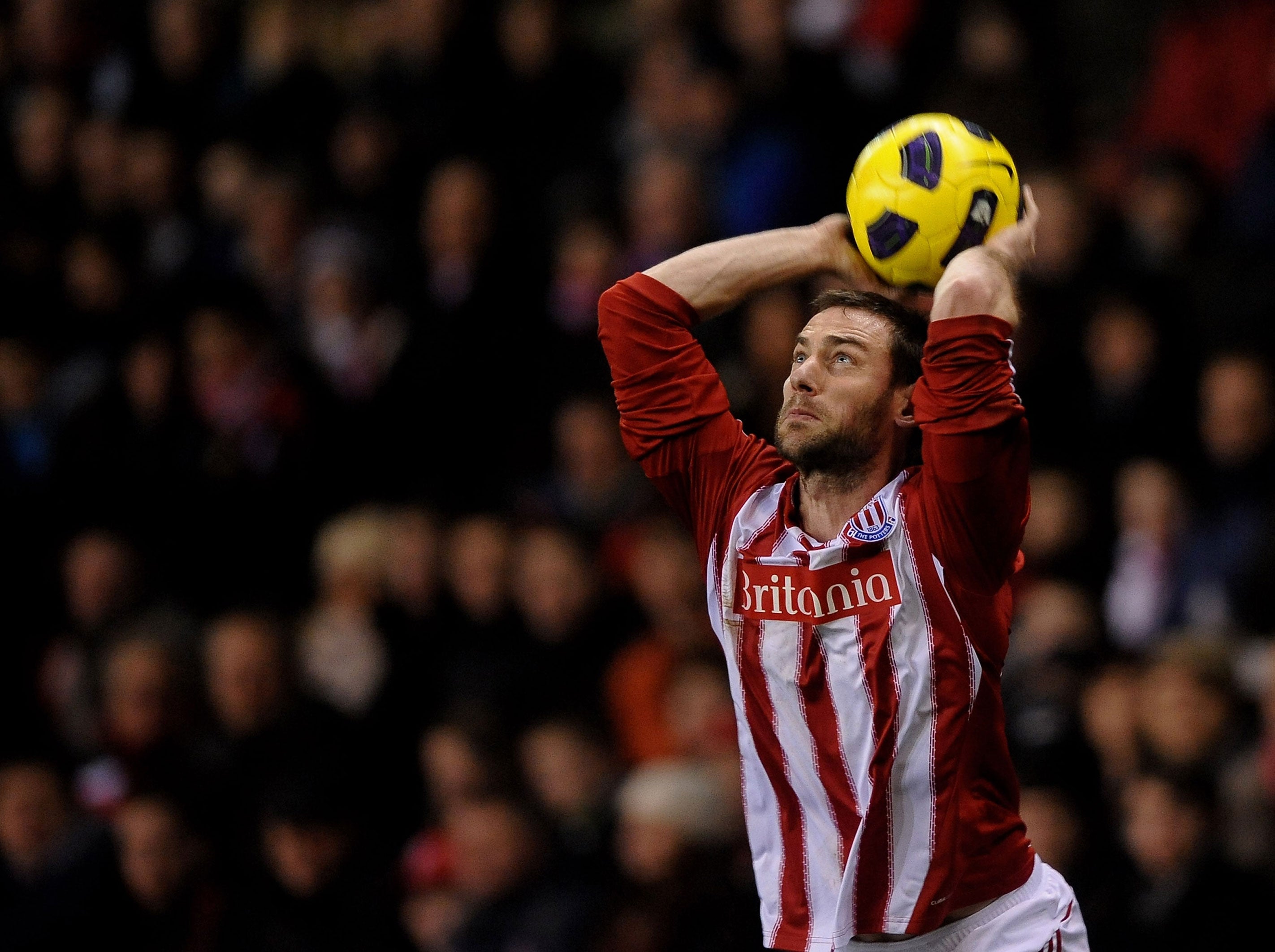 Rory Delap of Stoke City takes a throw in during the Barclays Premier League match between Stoke City and West Bromwich Albion at The Britannia Stadium on February 28, 2011 in Stoke on Trent, England.