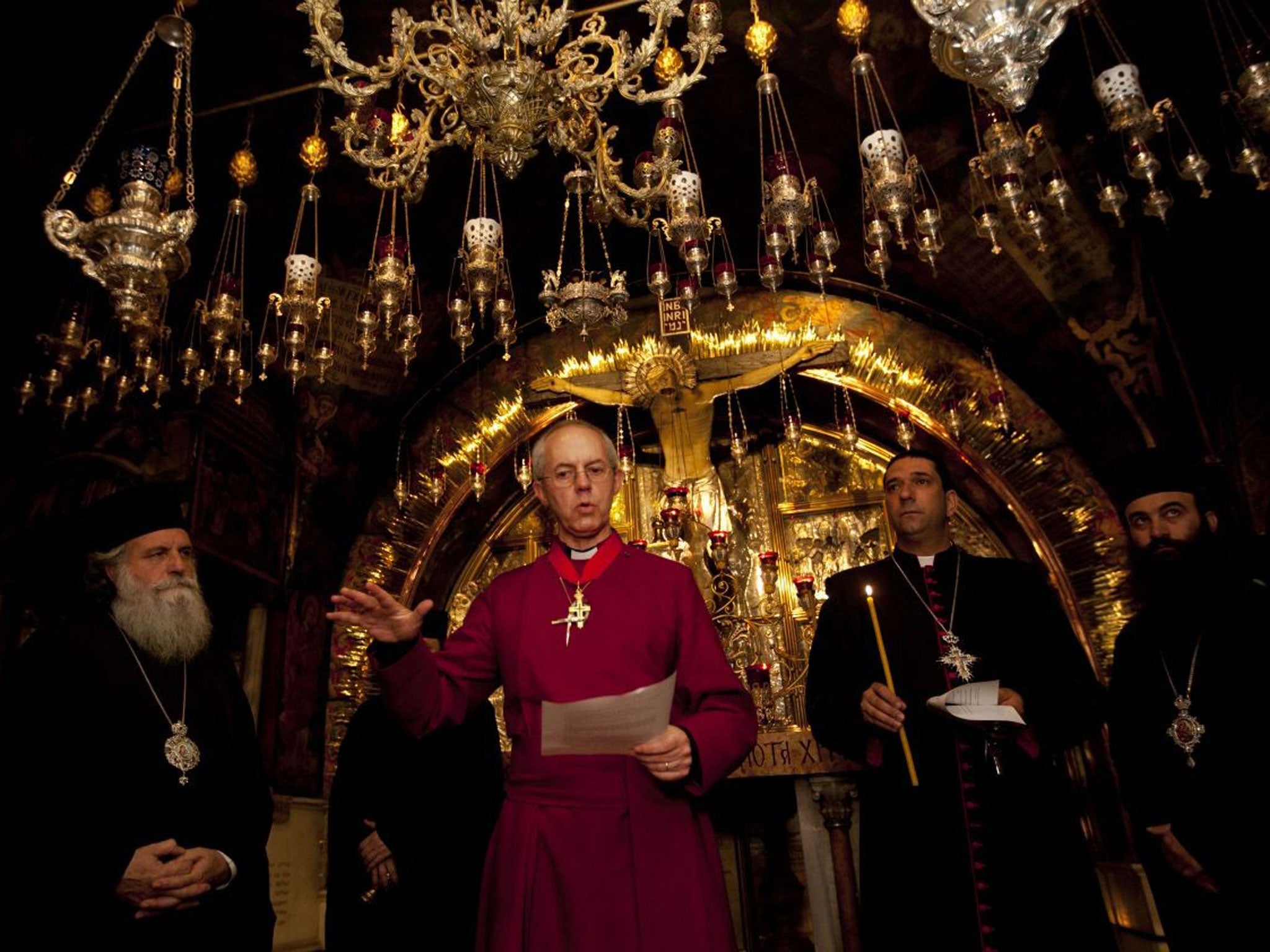 Archbishop of Canterbury Justin Welby speaks during a visit to the Church of the Holy Sepulchre
