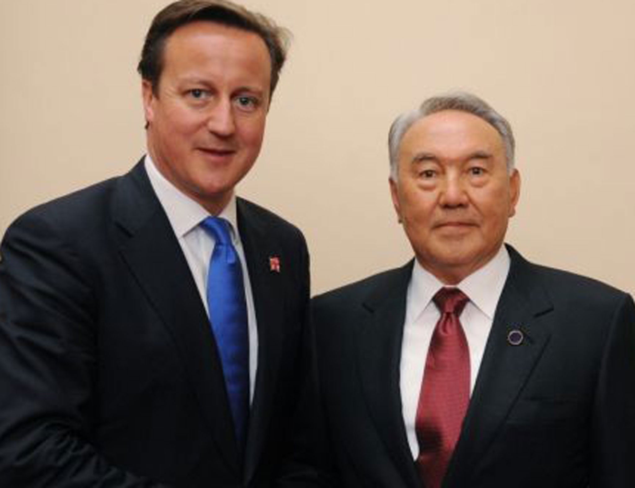 David Cameron shaking hands with the President of Kazakhstan Nursultan Nazarbayev