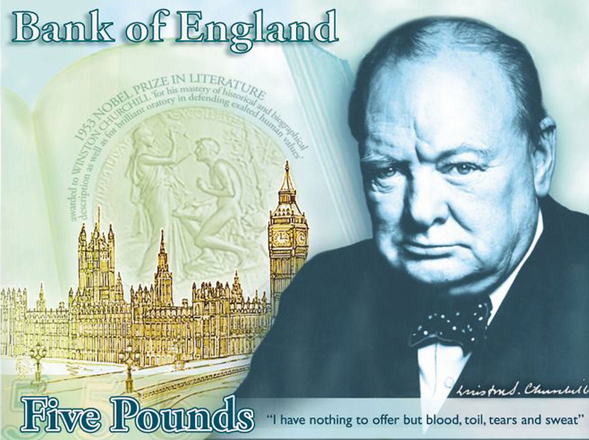 The Sir Winston Churchill banknote concept, which is set to oust the current five pound note with social reformer Elizabeth Fry as the face of the Banks of England's five pound notes