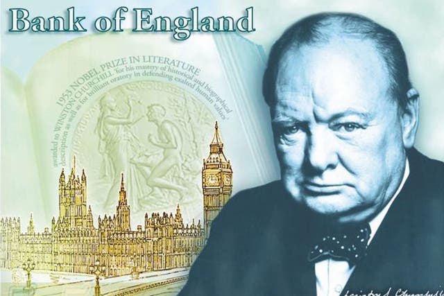 The Sir Winston Churchill banknote concept, which is set to oust the current five pound note with social reformer Elizabeth Fry as the face of the Banks of England's five pound notes