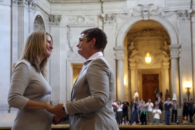 State Attorney General Kamala Harris declared Perry, 48, and Stier, 50, "spouses for life," but during their vows, they took each other as "lawfully wedded wife."