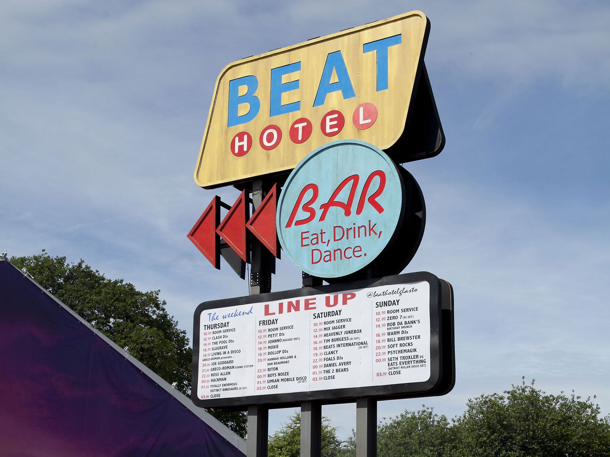 The sign showing the way to the Beat Hotel, a huge party space near the Pyramid stage