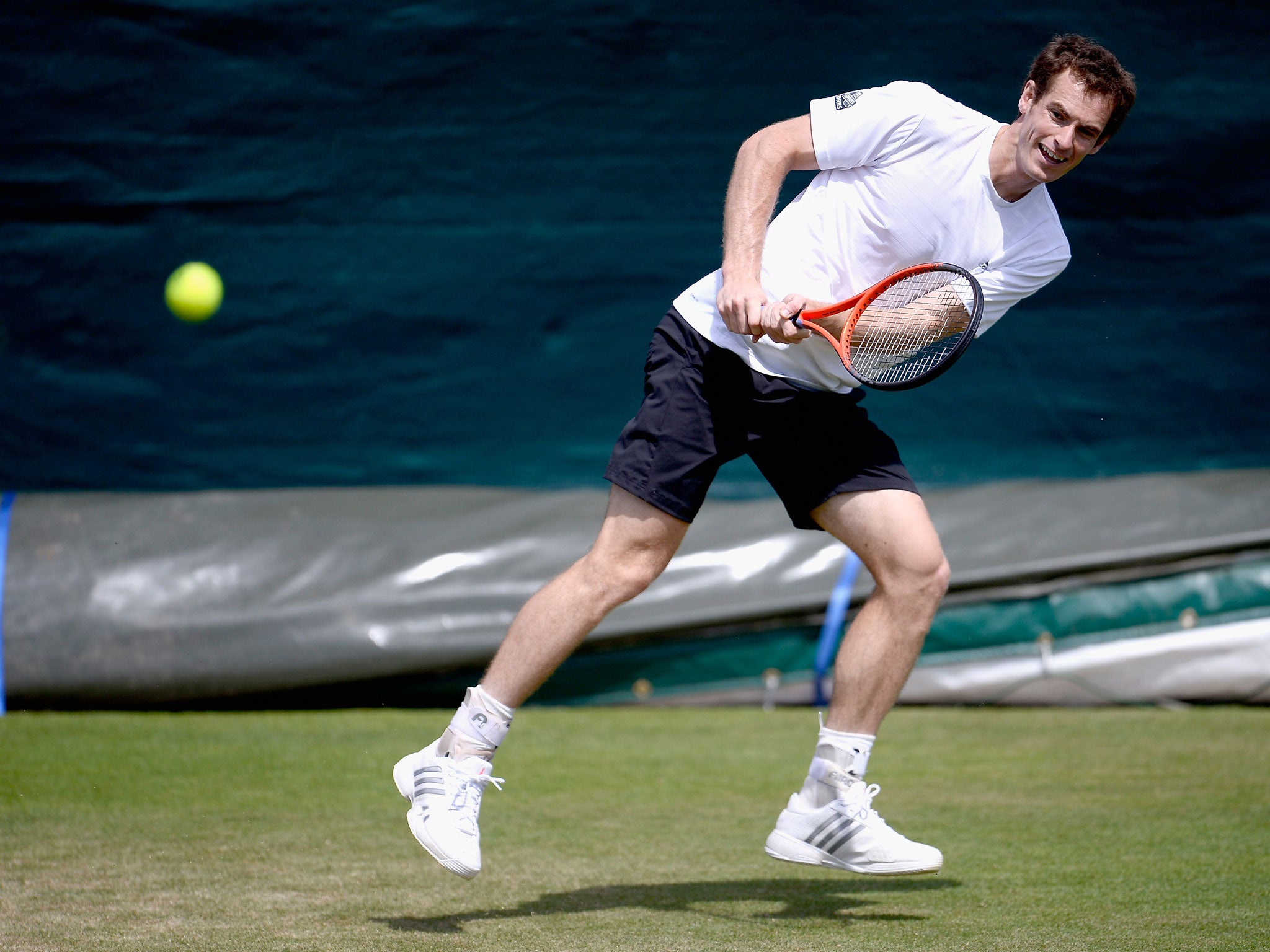 Andy Murray works on his backhand during a training session at Wimbledon
