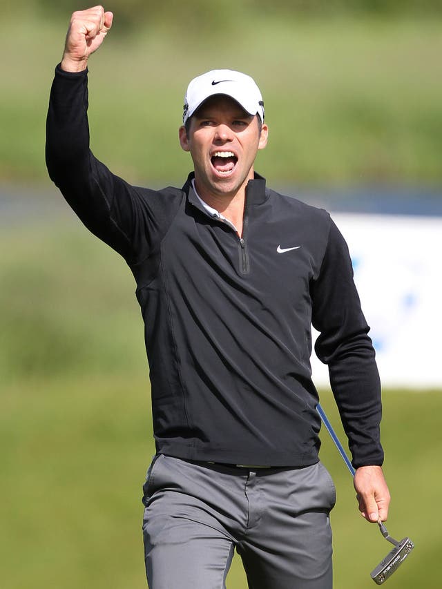 Paul Casey celebrates his eagle on the 18th green