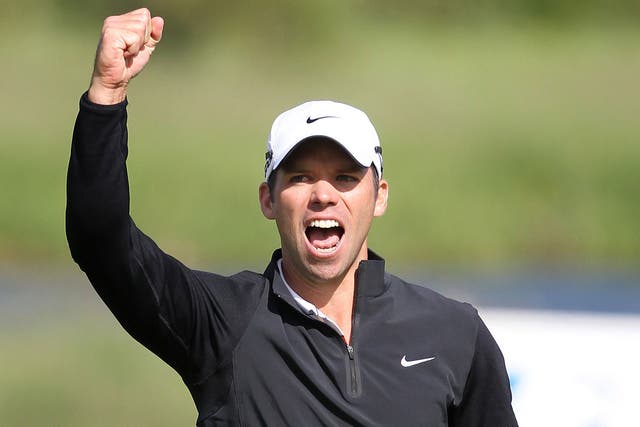 Paul Casey celebrates his eagle on the 18th green