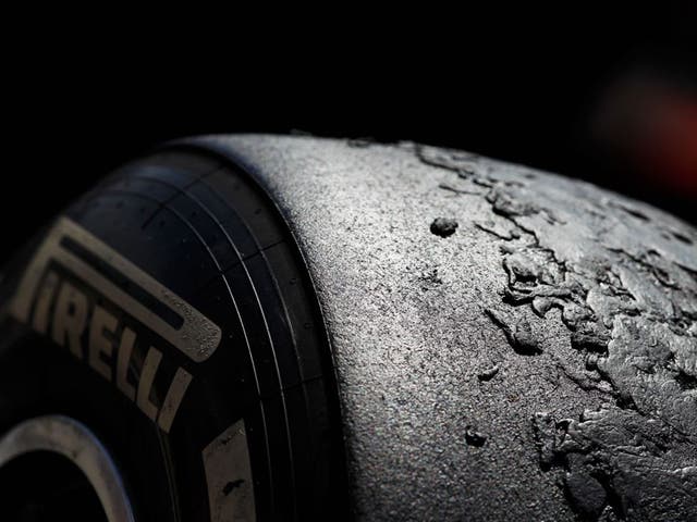 A close-up of a Pirelli tyre after the grand prix. The company called the tyre blow-outs 'unforeseen'