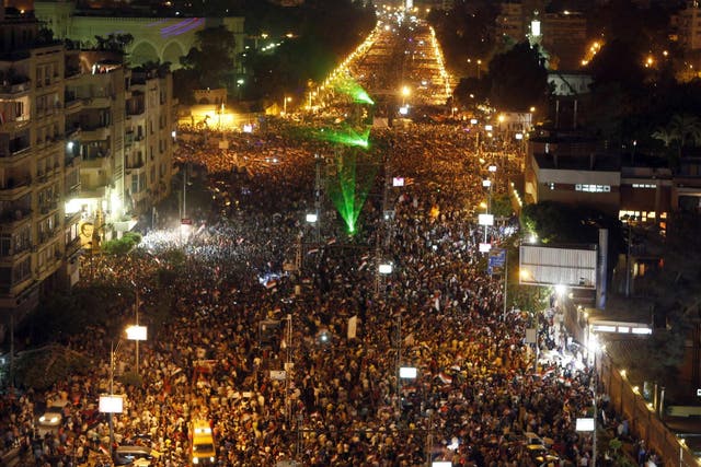 A general view of a protest on Monday night against Egyptian President Mohamed Morsi and the Muslim Brotherhood, in front of El-Thadiya presidential palace in Cairo